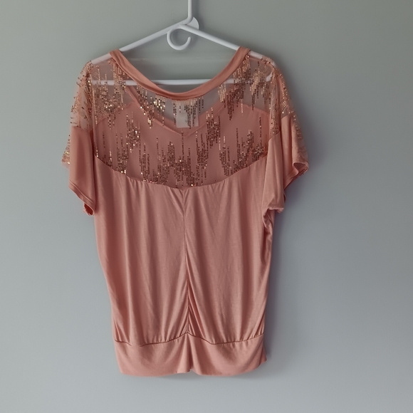 Threads V-neck Mesh Sequined Dolman Short Sleeve T-shirt Top Blush Pink Medium - Picture 2 of 10